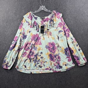 Ralph Lauren Blouse Women's 2X Plus Floral Ruffle Long Sleeve Linen Blend